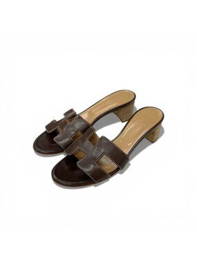 Hermes Oasis Sandals Shoes Leather Brown Mules